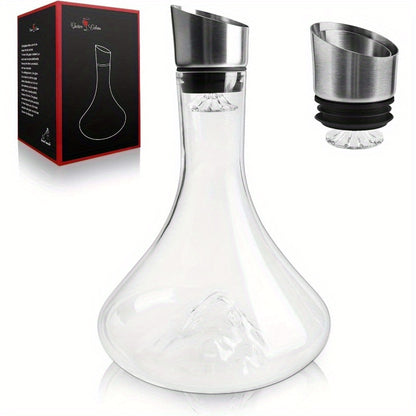 60oz Hand Blown Crystal Wine Decanter with Aerator - Elegant Tapered Design for Enhanced Aroma & Flavor, Durable Clear Glass Decanting Cup - Perfect Anniversary Gift for Wine Lovers, Sophisticated Design, Leadfree Glass